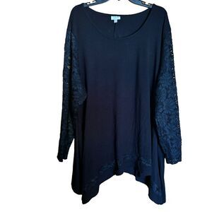 Avenue Top Women 26 28 Black Scoop Neck Lace Sleeves Stretch Asymmetrical Blouse